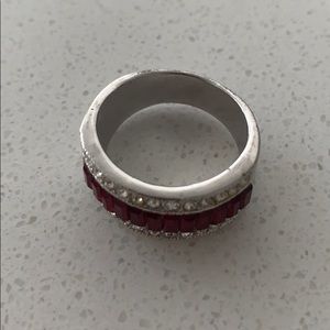 Geometric red, silver and white ring